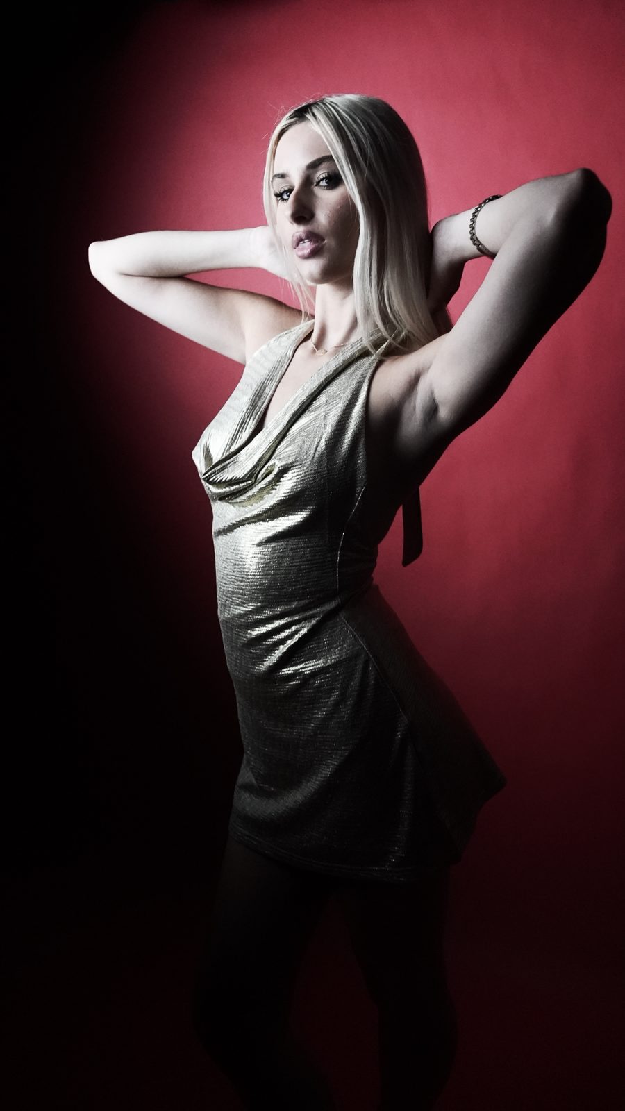 Studio portrait, silver dress lit against a red backdrop